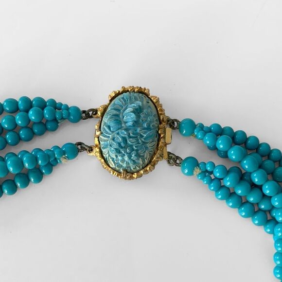 Vintage Glass Turquoise Muti Strand Carved Clasp Necklace - Picture 5 of 8